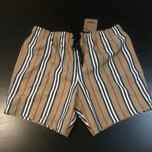 Men’s NEW WITH TAGS Burberry Tan and Black Swim Trunks Retro Striped Design L - Picture 1 of 10